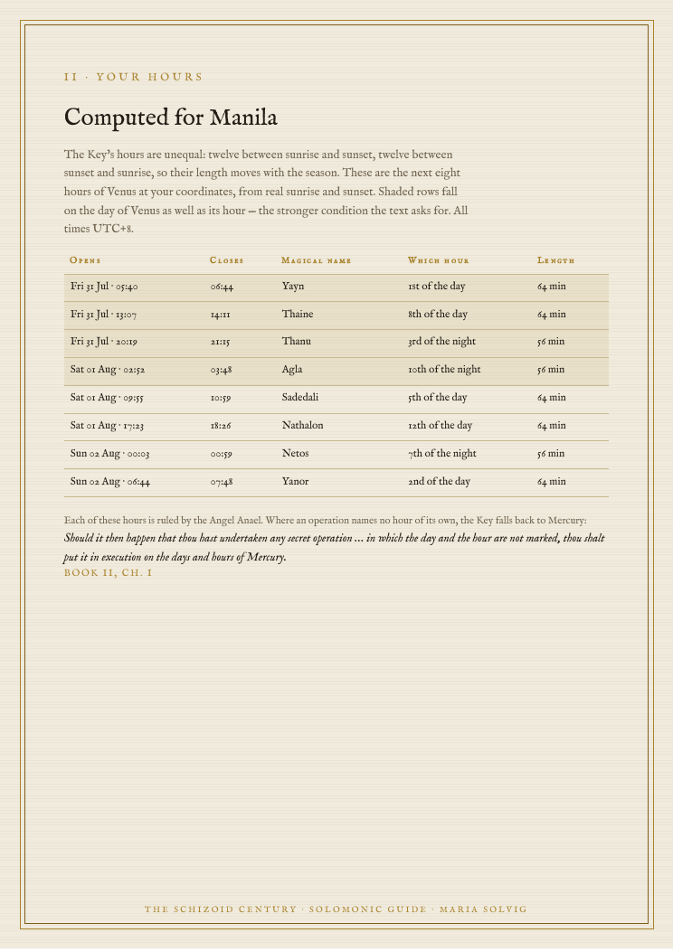 The rite sheet - your hours, computed for your city, in the Key's own words.