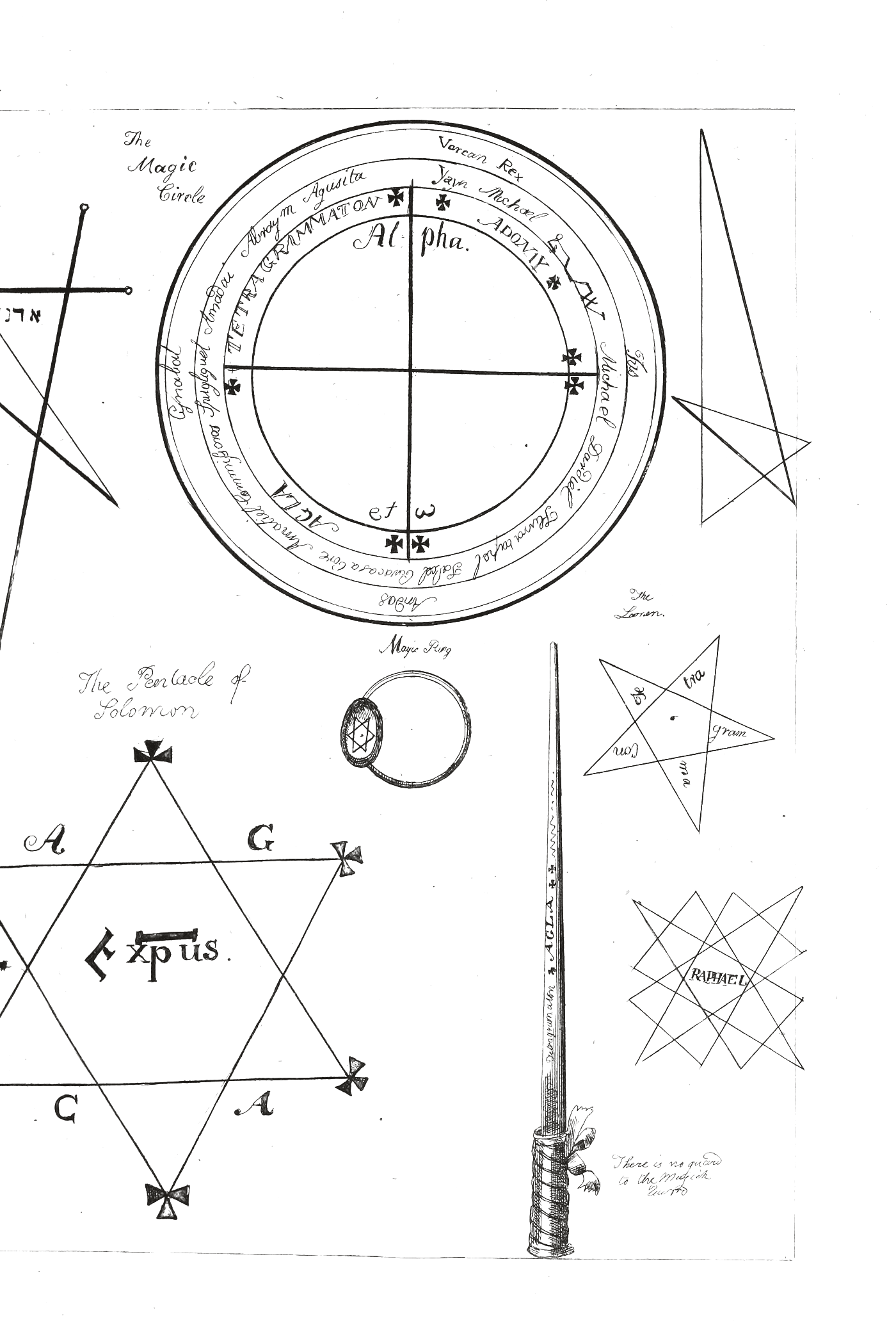 Engraved plate of 1801: the magic circle, the pentacle of Solomon, pentagrams and a wand